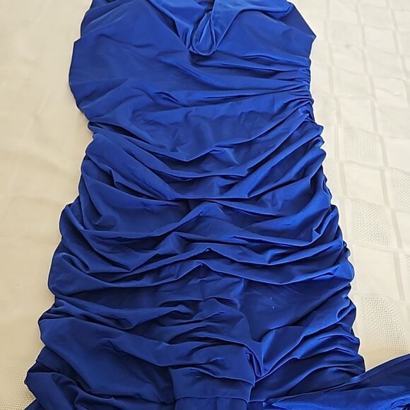 Jovani Rushed Halter Neckline With Faux Pearl Maxi Dress With Side Slit 12 Blue - Picture 16 of 16